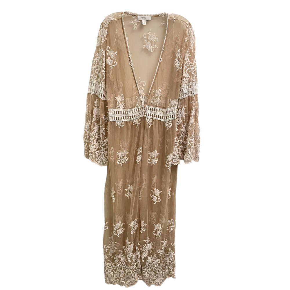 Forever 21 Plus Long Maxi Beige Mesh Embroidered Kimono Boho 2X Festival Sheer